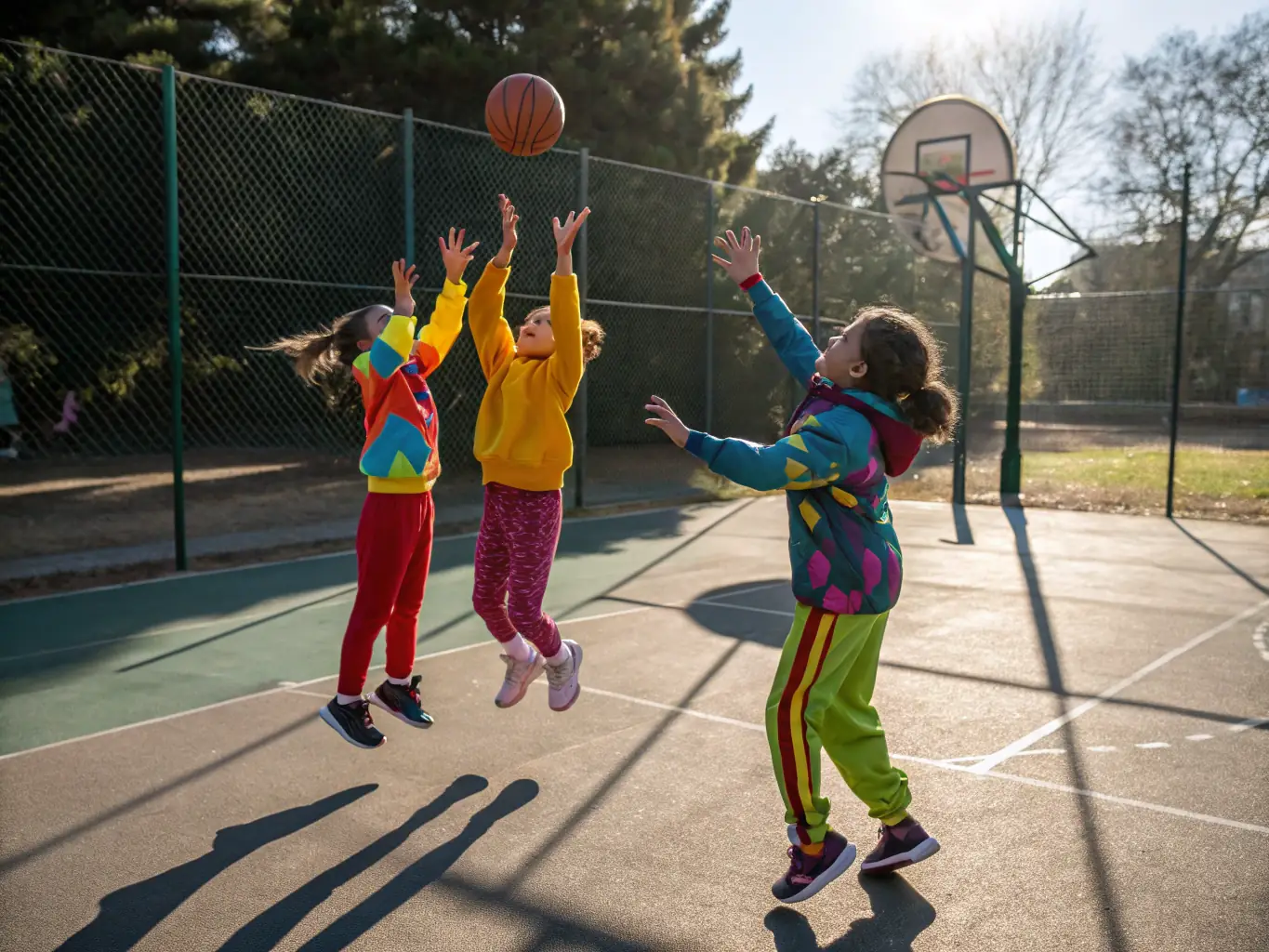 A group of children participating in a basketball training session at the FRCSC, focusing on teamwork and skill development.