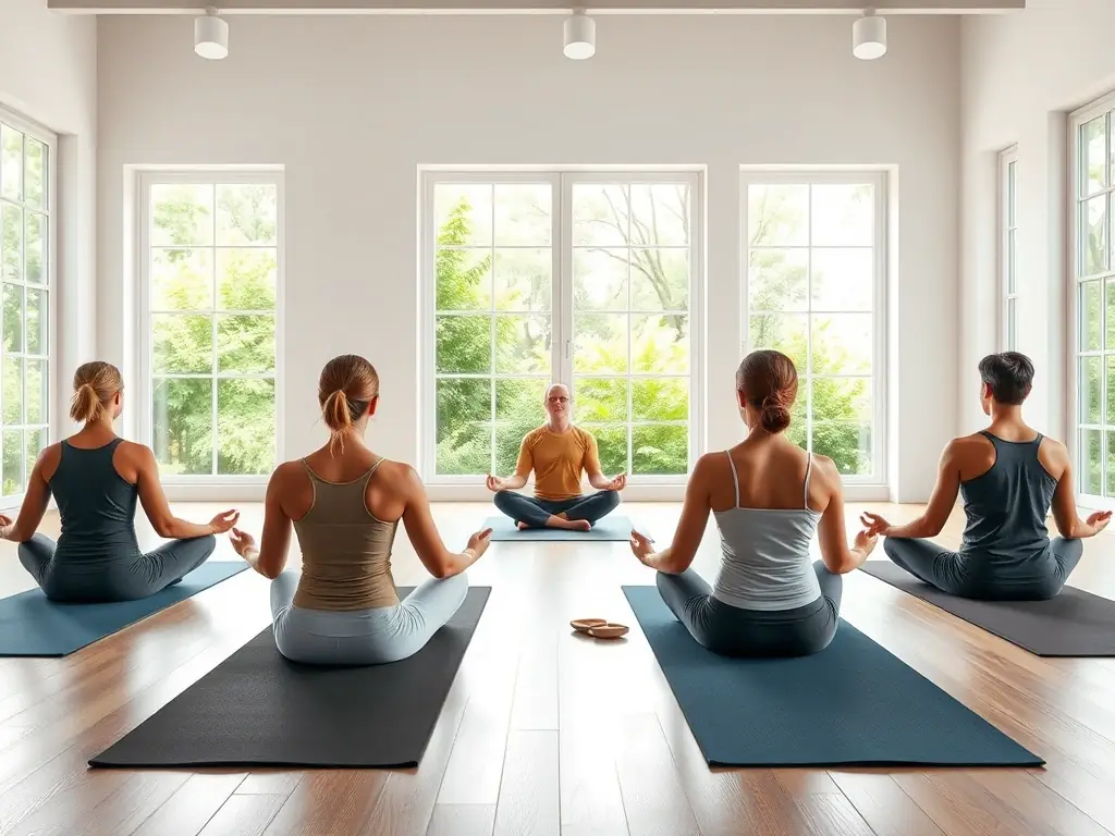 A group of adults participating in a yoga class at the FRCSC, emphasizing flexibility and relaxation.