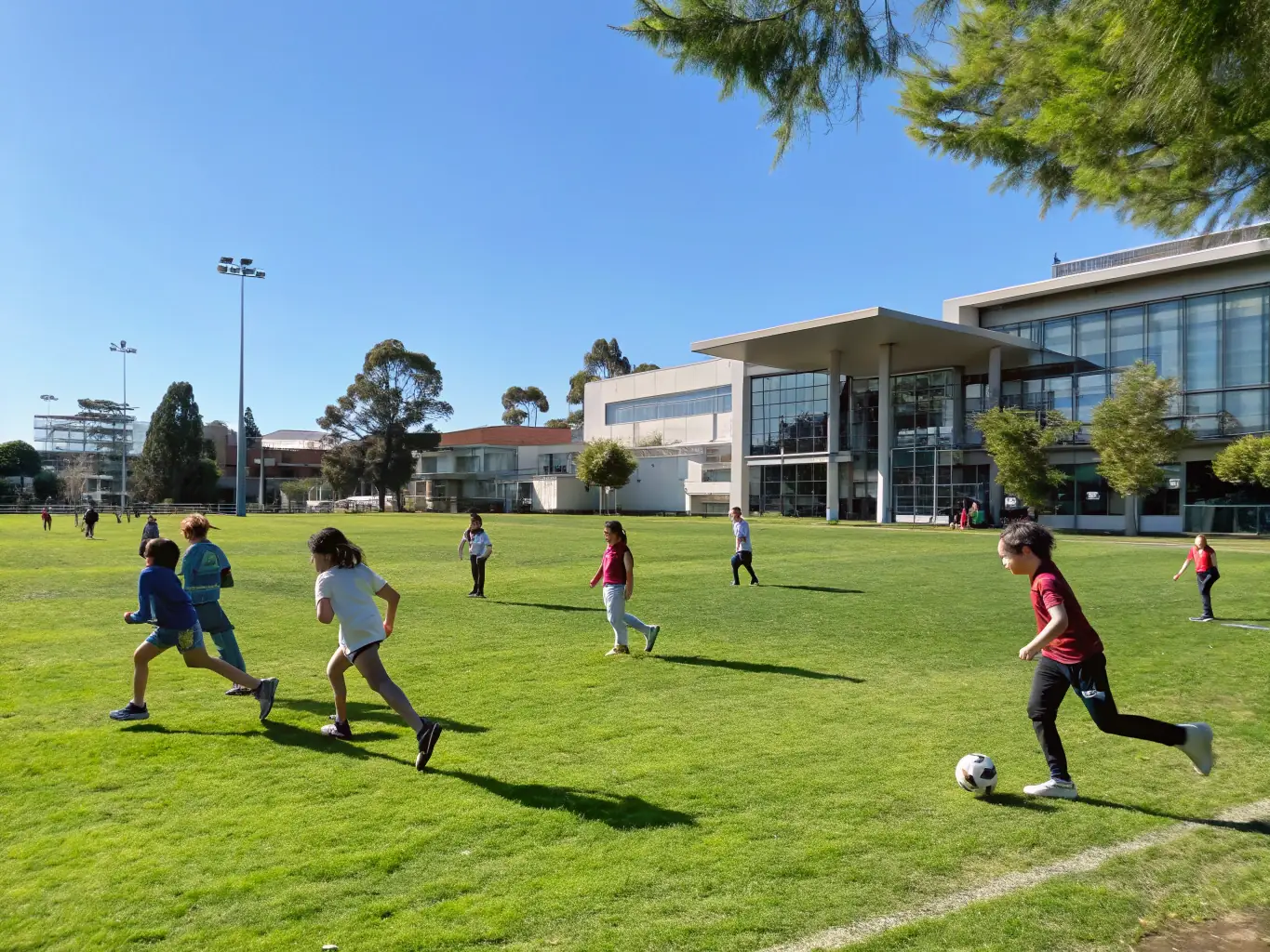 A group of children playing soccer on a sunny field, representing the youth sports programs offered by FRCSC.