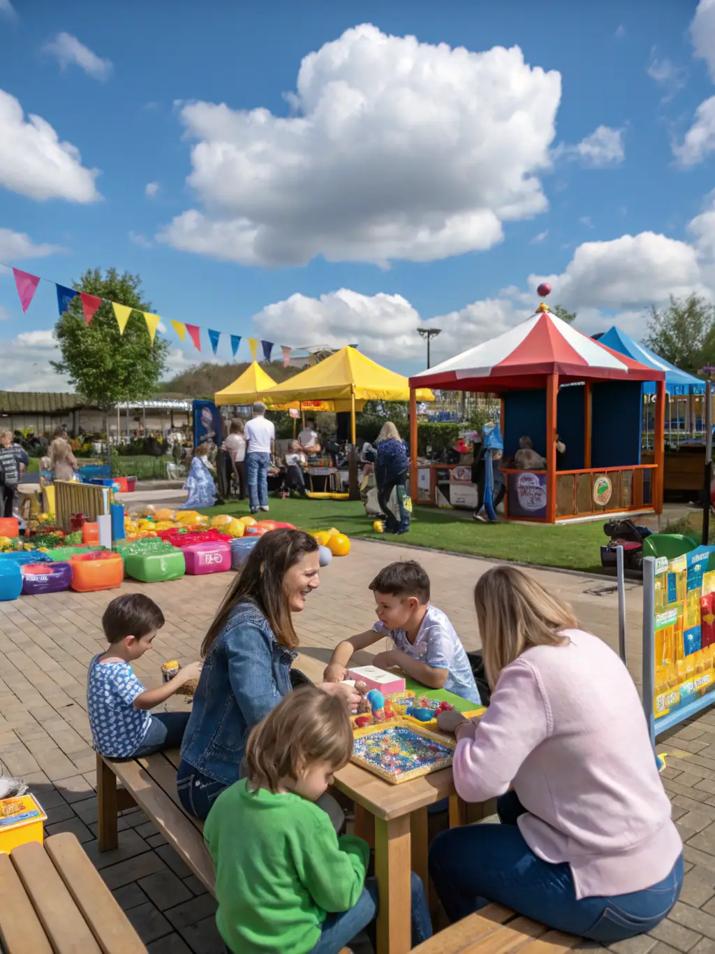 A picture of the FRCSC's annual village fete, showing families enjoying games, food, and music.