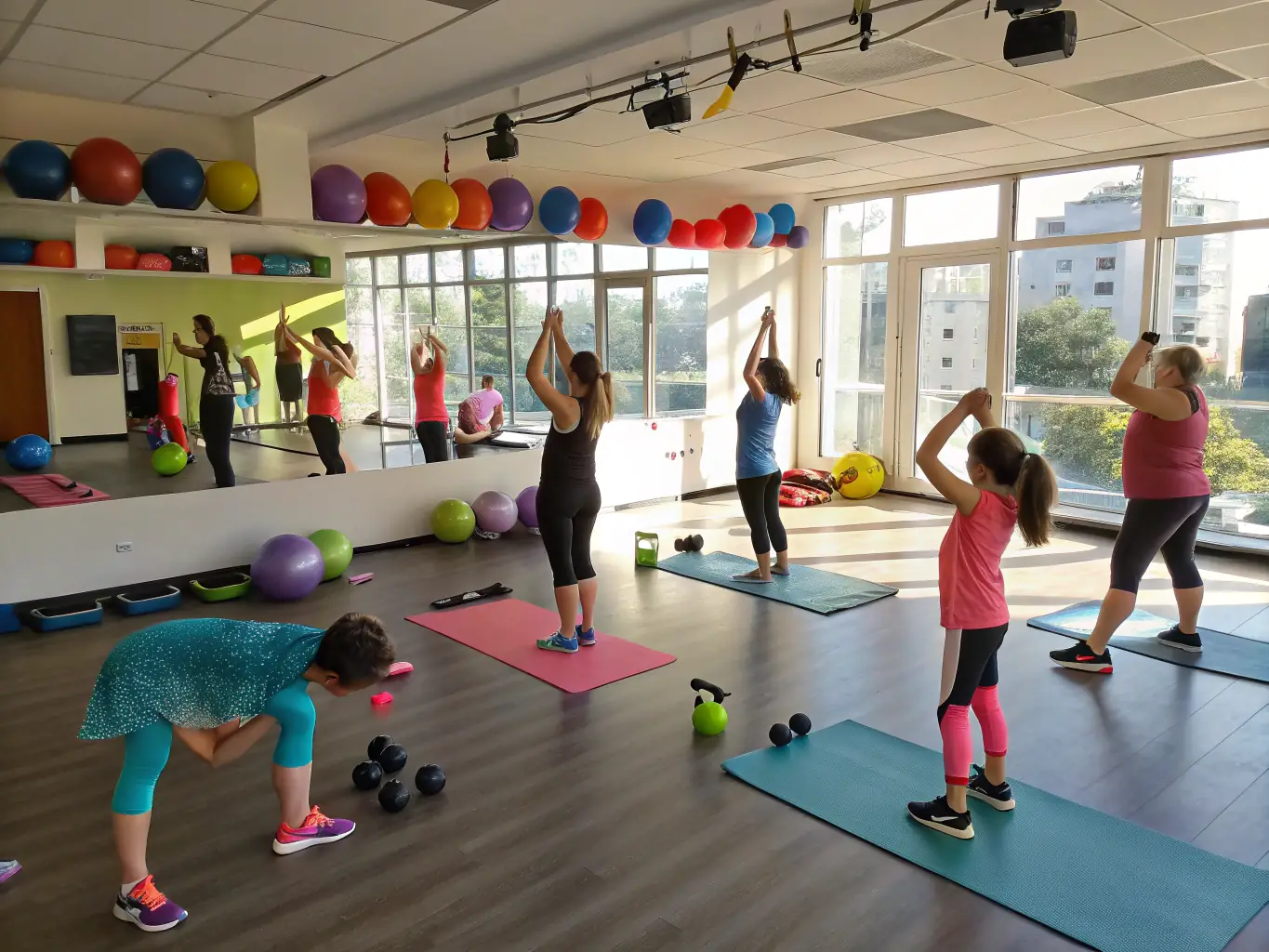 A diverse group of adults participating in a fitness class at the FRCSC, showcasing the adult fitness and wellness programs.